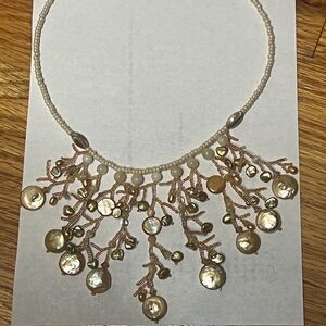 Mother of Pearl Statement Bib Necklace Shell Coin Fringe, Pearl Beads, Neutral